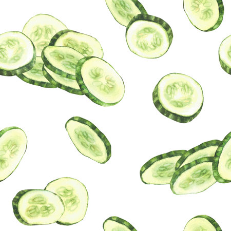 Sliced cucumber slices watercolor seamless pattern. Fresh vegetable cut cucumber circles. Realistic painted illustration for farming food fabric, packaging for cosmetics, salads. Isolated backgroundの写真素材