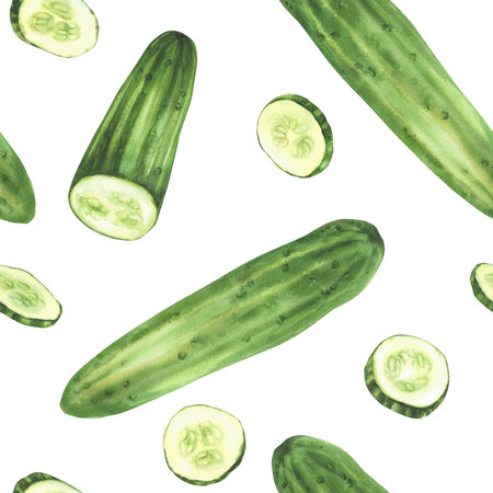 Cucumber with slices watercolor seamless pattern. Whole long green vegetable and sliced in circles. Clipart for market food packaging, kitchen textile. Isolated from background hand drawn illustrationの写真素材