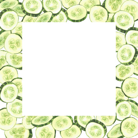 Sliced cucumber slices watercolor square frame. Fresh vegetable cut cucumber circles. Hand drawn illustration for gardening canned food, cosmetics label, menu design. Isolated from background templateの写真素材