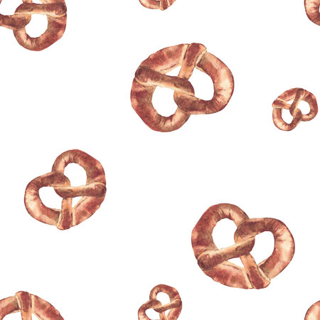 Watercolor Pretzel seamless pattern. German traditional bretzel ornament. Realistic hand drawn baking food. Bavaria Oktoberfest snack for packaging, label design. Isolated from background illustrationの写真素材