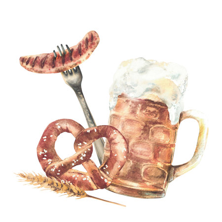 Watercolor Mug of Beer with pretzel and sausage on fork. Drink and food at Bavarian festival. Hand drawn illustration. Germany traditional eat for card, menu, sticker isolated from background clipart.の写真素材