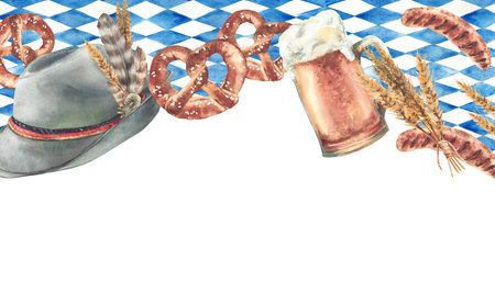 Oktoberfest frame. Pint of Beer with pretzel, sausage and spikes of malt. Germany traditional hat on blue rhombus Bavarian flags background. Watercolor painted Isolated clipart for card, banner, menuの写真素材