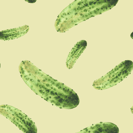 Prickly cucumber seamless pattern. Watercolor vegetable hand drawn illustration of crispy gherkin for pickled vegetarian food label, wallpaper, fabric design on isolated yellow green background.の写真素材