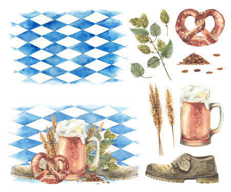 Mug of beer with hops and malt, Germany pretzel and shoe. Traditional Oktoberfest drink, snack on background of Bavarian flags blue rhombuses. Watercolor isolated clipart set make your own arrangementの写真素材
