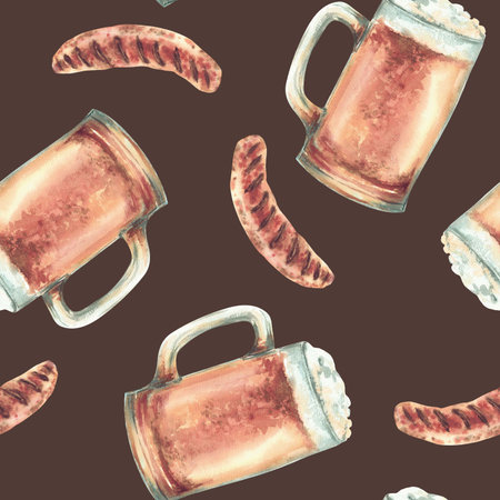 Watercolor Sausage and beer mug seamless pattern. German grilled meat and foamy drink. Hand painted food snack illustration for restaurant, Oktoberfest menu, eat packaging isolated dark backgroundの写真素材