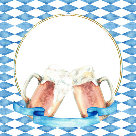 Toast of two beer mugs with ribbon below gold frame on blue Bavarian flags rhombuses background. Hand drawn watercolor Oktoberfest cheers beer glasses. Isolated illustration for card, menu templateの写真素材