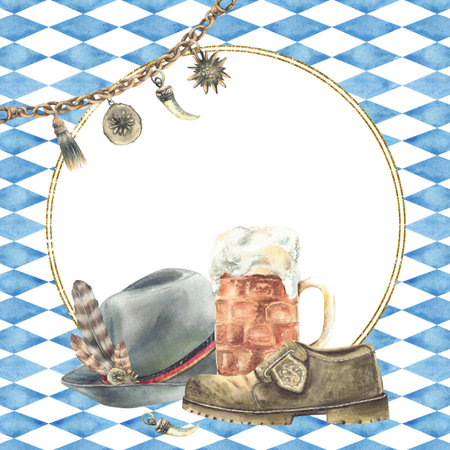 Mug of beer with Germany mens traditional hat, shoe and Charivari on Bavarian flags blue rhombuses background. Frame or template for Oktoberfest menu, card. Watercolor painted illustration isolatedの写真素材