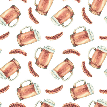 Watercolor Sausage and beer mug seamless pattern. Realistic hand painted grilled meat and foamy alcoholic drink. Food snack illustration for restaurant menu, eat packaging on isolated white backgroundの写真素材