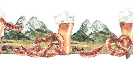 Beer with sausage and pretzel against of Bavarian Zugspitze seamless border. Watercolor Alpine mountains landscape print German Oktoberfest drink and snack pattern. Hand drawn isolated from backgroundの写真素材