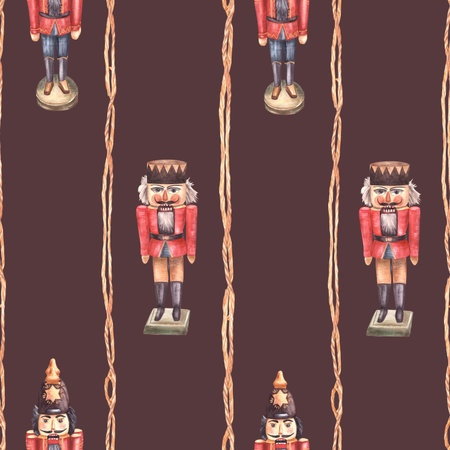 Nutcracker seamless pattern, wooden toy soldier. Watercolor vintage tradition Christmas tree...