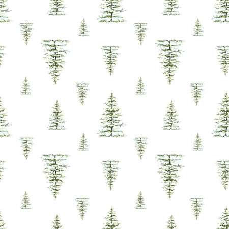 Watercolor Christmas fir seamless pattern. Spruce tree snow covered. Hand painted Snowy winter illustration on isolated white background. Clipart for seasonal holiday fabric, Xmas wallpaper designの写真素材