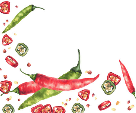 Watercolor chili pepper frame. Green and red whole vegetables and cut pods round sliced with seeds. Realistic painted illustrations. Hot spice rectangular template for food Isolated from backgroundの写真素材