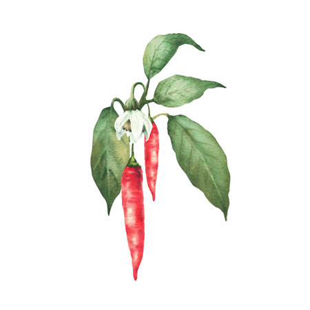 Chili pepper plant with flowers and fruits. Red, green pepper pods and leaves on the branch. Hand drawn watercolor illustration. Hot spicy vegetables for food spice, gardening. Isolated from backgroundの写真素材