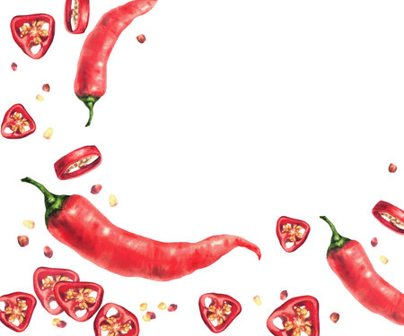 Hot chili red pepper frame banner. Vegetable spicy watercolor hand painted whole and slices cut pods with seeds. Isolated from background illustration spices for food, sauces label, recipe template.の写真素材