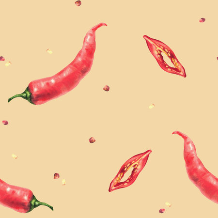 Watercolor Chili pepper seamless pattern. Hand drawn whole and cut red hot pods, sliced with seeds. Paprika vegetable, food spicy spices on Isolated beige background illustration for fabric, wallpaperの写真素材