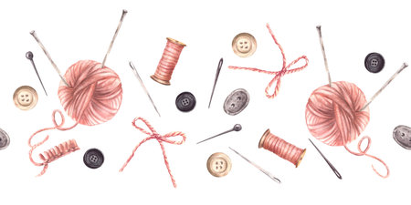 Buttons, a pink yarn ball with knitting needles, thread spool and sewing pins seamless border....