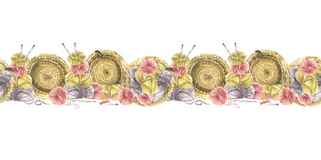 Watercolor Balls of yarn threads in different color seamless border. Hand drawn hobby knitting illustration. Realistic skeins of string with knitting needles. Handicrafts horizontal pattern isolatedの写真素材