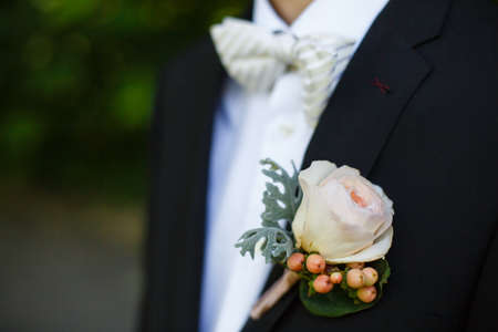on his jacket men hitched boutonniere, which consists of cream roses and giperkiumの写真素材