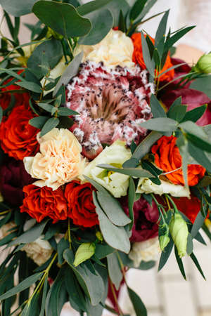 Wedding bouquet of eustoma , freesia, peony and willow branchesの写真素材