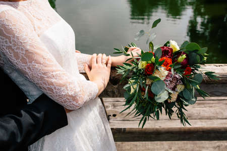 Wedding bouquet of eustoma , freesia, peony and willow branchesの写真素材