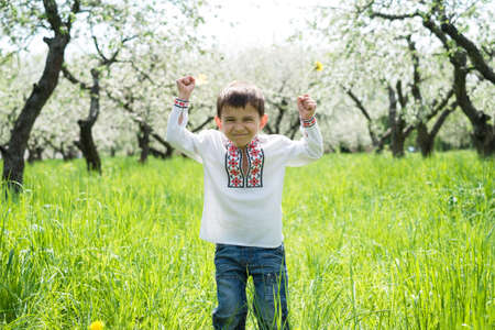 The boy in vyshyvanka stands in the middle of a flowering gardenの写真素材