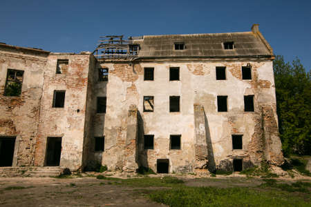 Ruins of the old Klevan castle. Ruined wall with windows against the blue sky. Courtyard. Rivne...