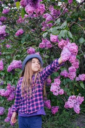 Photo of an attractive beautiful teen model girl in colorful shirt with long hair in summer lilac...