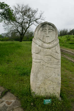 Ancient kurgan stelae in the Khortytsia isalnd, Zaporizhia, Ukraine, stone babasの写真素材
