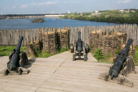 Zaporizhia - Ukraine, MAY 02, 2015: The wooden protective fortifications in Museum of Zaporizhian Cossacks on the island of Khortytsia, Ukraineのeditorial素材