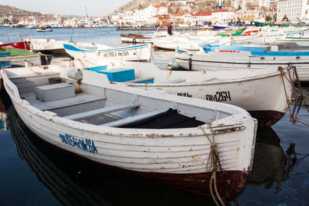 Balaklava, Ukraine - JANUARY 08 2010: Wooden boats in the Balaklava Bay in Sevastopol in the Crimeaのeditorial素材