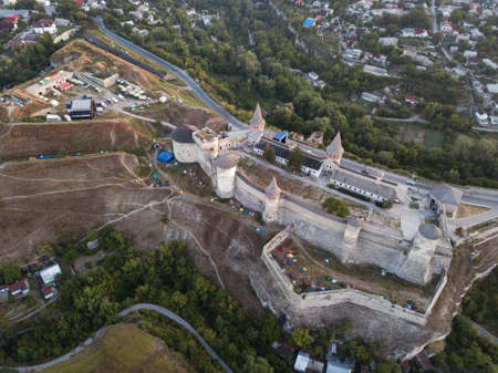 Kamianets-Podilskyi, Ukraine - AUGUST 31 2017: Aerial view of Kamianets-Podilskyi castle in Ukraine. The fortress located among the picturesque nature in the historic city of Kamianets-Podilskyi, Ukraine.のeditorial素材