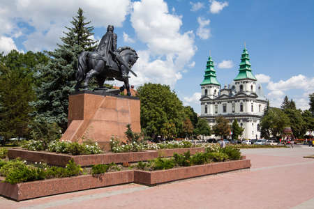 Ternopil, Ukraine - July 31 2009: Monument to king Danylo of Halych and Dominican Church in...