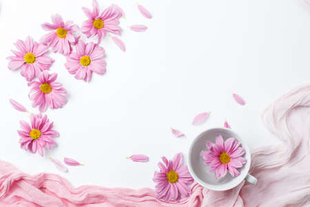 pink gerbera flowers fly out of a cup of tea. Copy space, top view.の写真素材