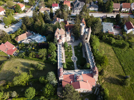 SZEKESFEHERVAR, HUNGARY - April 25, 2018: Aerial top view to Bory Var castle in the Szekesfehervar, Hungaryのeditorial素材