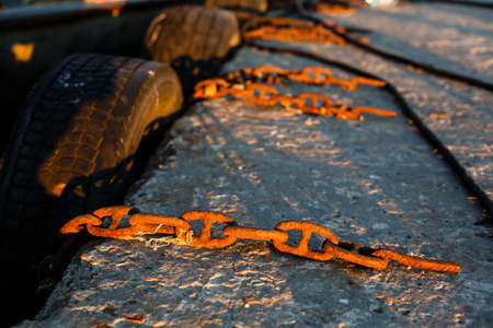 Old ropes rust on old ship. Rope slingの写真素材