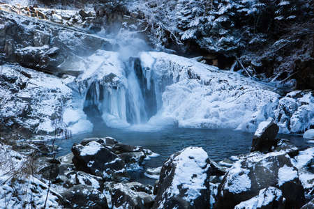 Winter waterfall Kameneckiy in the Carpathian mountains, Ukraineの写真素材