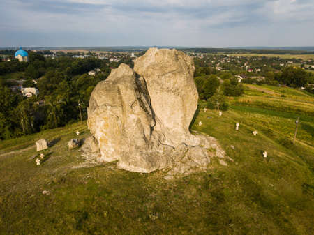 Famous ukranian sightseeing - aerial view to Devil's rock in Pidkamin, Brody district, Lviv region