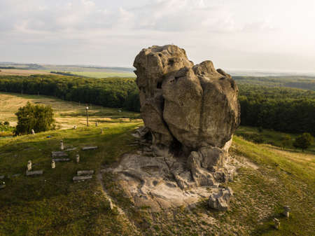 Famous ukranian sightseeing - aerial view to Devil's rock in Pidkamin, Brody district, Lviv region