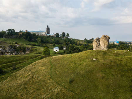 Famous ukranian sightseeing - aerial view to Devil's rock in Pidkamin, Brody district, Lviv region