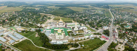 Aerial view to largest Orthodox church complex and monastery - The Dormition Pochayiv Lavra was founded on a mountain near the town of Novy Pochaev in 1240, Ukraineのeditorial素材