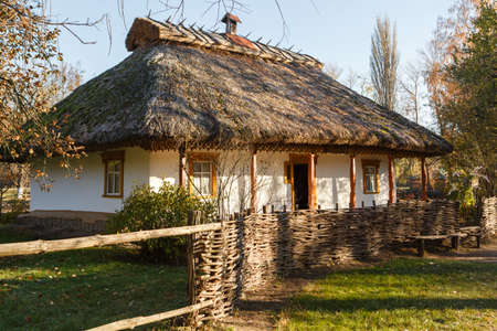 Pereyaslav-Khmelnitsky, Ukraine - OCTOBER 31 2015: Reconstruction of an ancient clay house in Pereyaslav-Khmelnitsky Museum of Folk Architecture and Life of the Middle Naddnipryanshchyna , Ukraineのeditorial素材