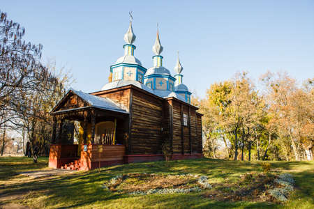 Pereyaslav-Khmelnitsky, Ukraine - OCTOBER 31 2015: An old wooden churches in Pereyaslav Khmelnitskiy Museum of Folk Architecture and Life of the Middle Naddnipryanshchyna at autumn , Ukraineのeditorial素材