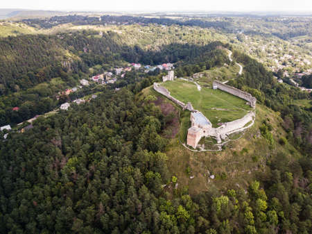Famous Ukrainian landmark: aerial summer view of the ruins of ancient castle in Kremenets, Ternopil...