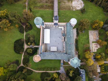 KRASICZYN, POLAND - OCTOBER 07, 2018: Aerial top view to Krasicki Palace in Krasiczyn. The castle has belonged to several noble Polish families, and was visited by many Polish kingsのeditorial素材