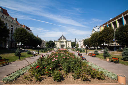 Chernivtsi, Ukraine. JULY, 2009 - Opera theater in the city of Chernovtsy. Beautiful buildings on the street in a European city.のeditorial素材