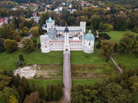 KRASICZYN, POLAND - OCTOBER 07, 2018: Aerial view to Krasicki Palace in Krasiczyn. The castle has belonged to several noble Polish families, and was visited by many Polish kingsのeditorial素材