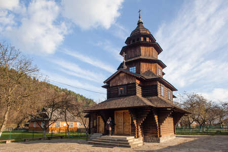 Ancient wooden church of Holy Prophet Elijah ( Ilinskaya) , village Dora, near Yaremche - cultural monument, Ukraine. Carpathians.のeditorial素材