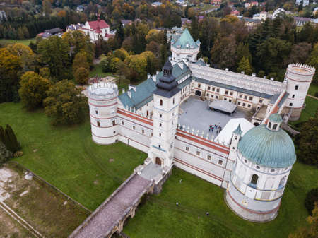 KRASICZYN, POLAND - OCTOBER 07, 2018: Aerial view to Krasicki Palace in Krasiczyn. The castle has belonged to several noble Polish families, and was visited by many Polish kingsのeditorial素材