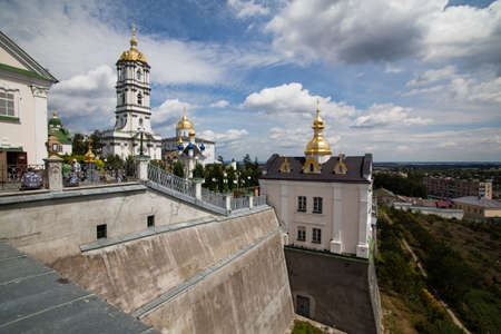 Pochaev, Ukraine - July 22 2009: Famous christian place: Golden domes of Pochaiv Lavra on a clear day, Tenopil region, Ukraineのeditorial素材