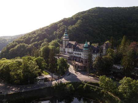 LILLAFURED,HUNGARY - MAY 02,2018 : Aerial view to Lillafured Castle. Lillafured is one of the most beautiful natural environments, near Miskolc in the Eastern part of Bukk Mountains, Hungaryのeditorial素材